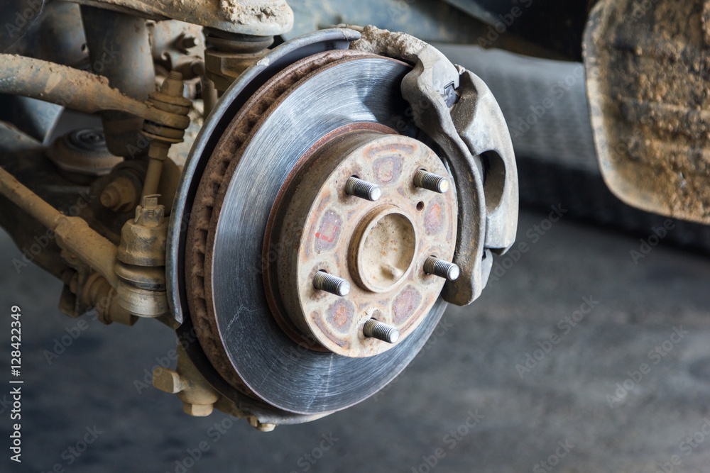 dirty front disk brake on car,close up