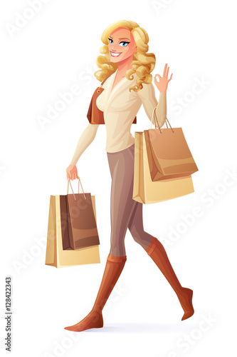 Vector smiling woman walking with shopping bags and showing OK.