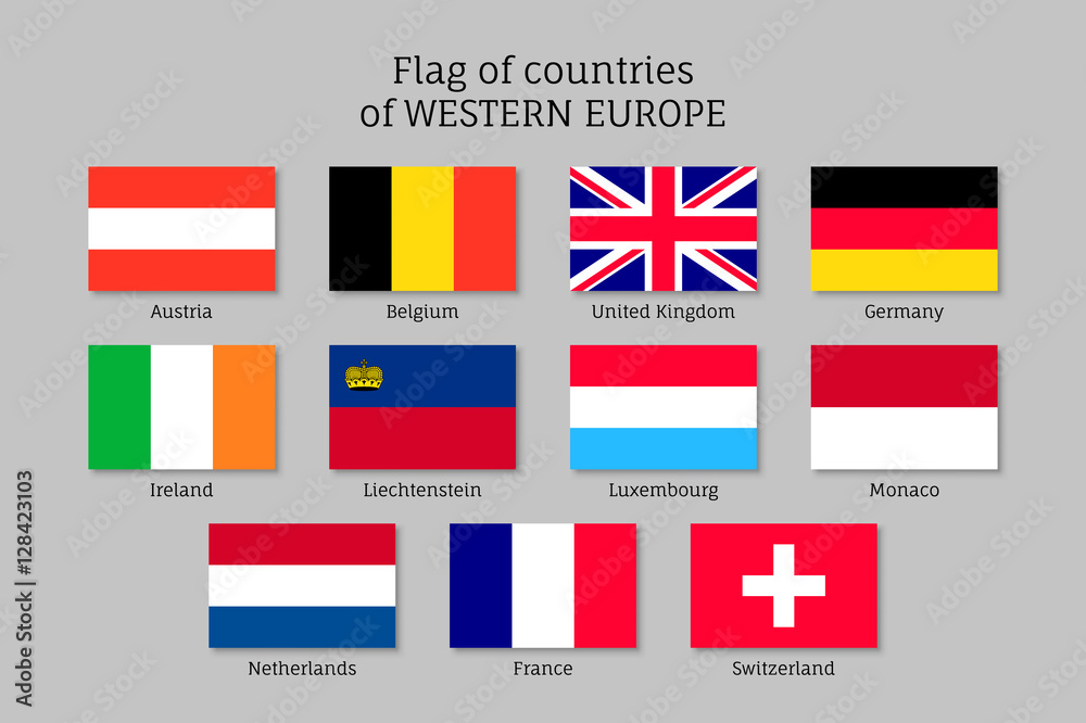 Set of flags of Western Europe countries. 11 ensigns of Western Europe member states. Vector icons on gray background.