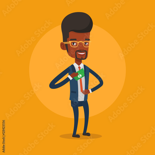 Businessman putting money bribe in pocket.