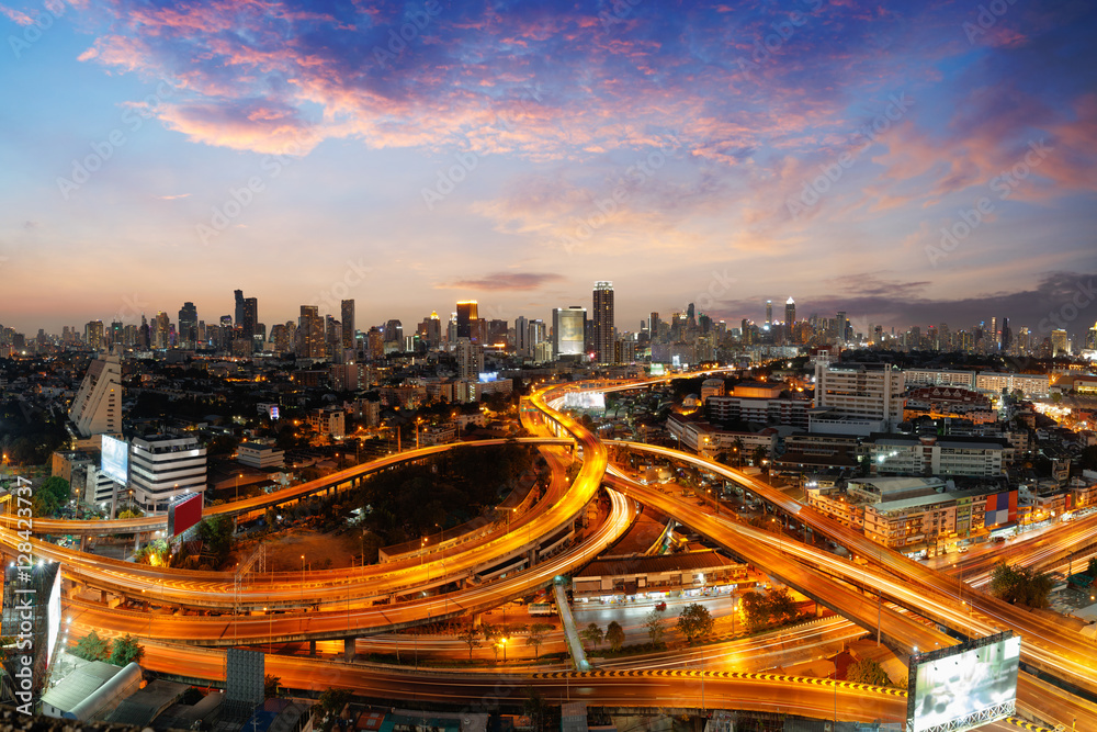 Bangkok cityscape. Bangkok night view in the business district, Highway and main traffic in Bangkok,  Bangkok Thailand