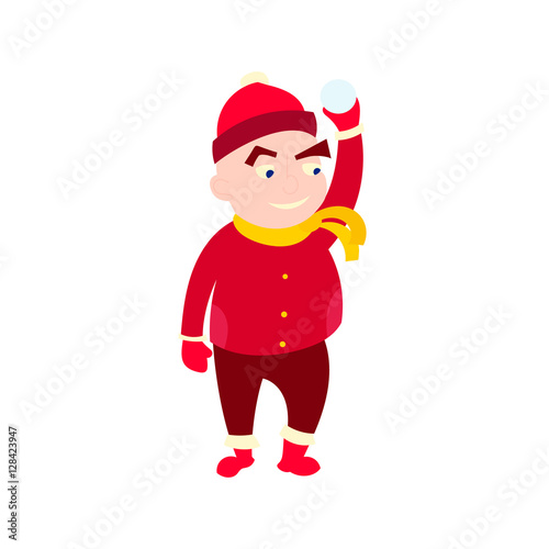 Little boy in winter clothes, cartoon style isolated on white background. coloring little kid in red hat and scarf in warm winter clothes with snow