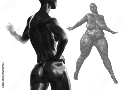 Black back Female woman torso on foreground and the fat woman on background. 3d rendered medical concept illustration. Obesity problems