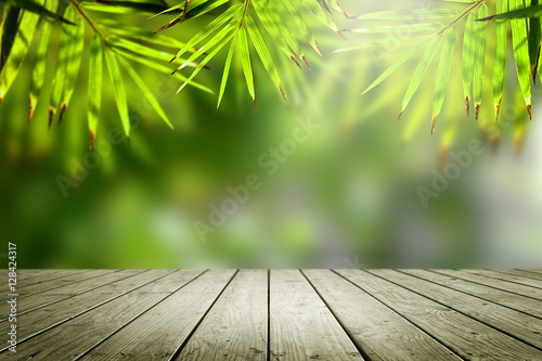 Wooden empty and blur bamboo forest background.