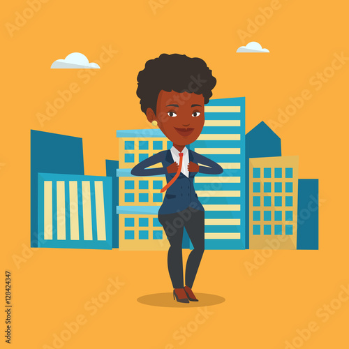 Business woman opening his jacket like superhero.