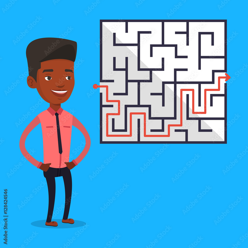 Businessman looking at the labyrinth with solution Businessman looking at the labyrinth with solution