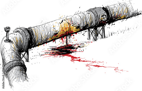 An illustration of a heavy liquids pipeline leaking pollution liquid from a corroded section on to the ground.  The liquid flows away from the pipe.