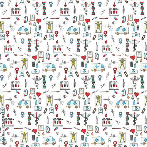 Seamless pattern color  medical symbols and signs hand drawn 
