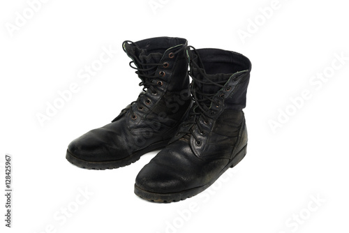 Black combat men boot, isolated on white background