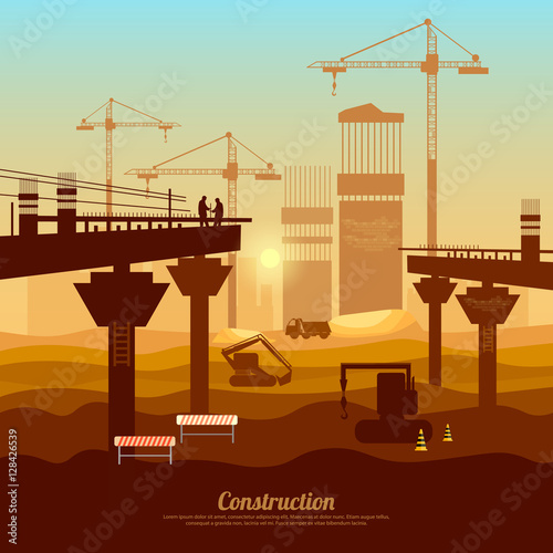 Large construction site vector, bridge construction with cranes