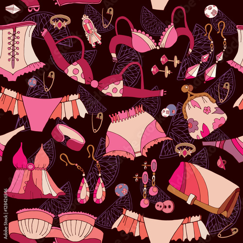 Woman fashion accessories, cosmetics, underclothes, jewelry