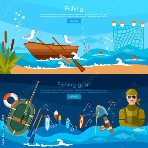 Professional fishing banners, fisherman catches fish