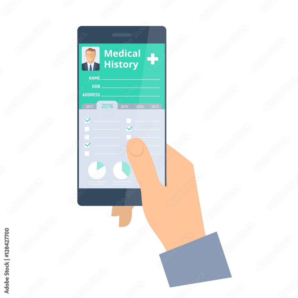 Hand holds a smart phone with medical history on the screen. Vector flat illustration of smartphone and Patient Health history electronic document. Modern medical digital technology concept. Hand holds a smart phone with medical history on the screen. Vector flat illustration of smartphone and Patient Health history electronic document. Modern medical digital technology concept.