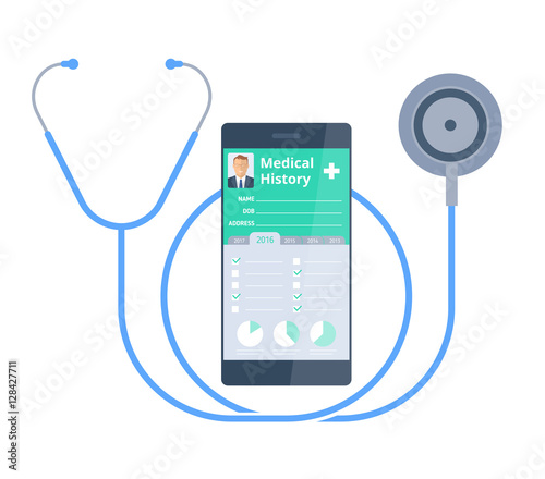 The stethoscope and smart phone with medical history on the screen. Healthy and Modern medical digital technology concept. Vector flat illustration of phonendoscope and Patient Health history info.