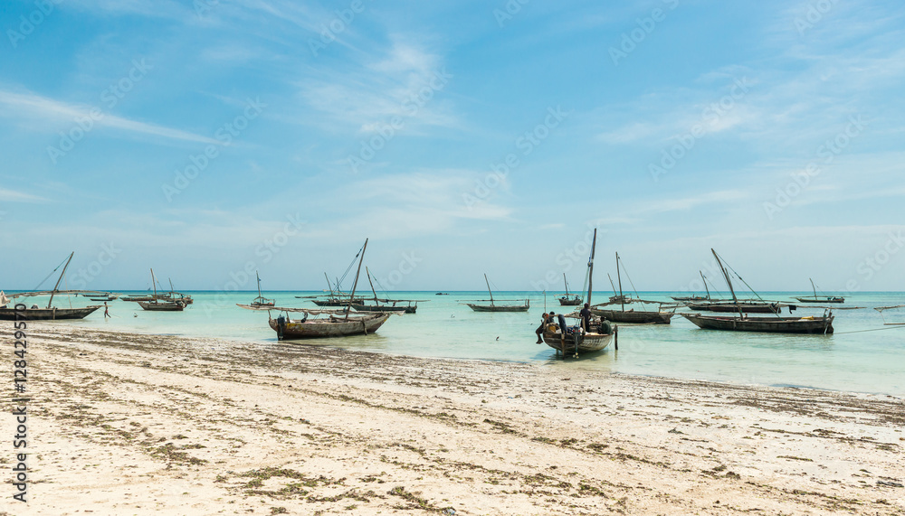 landscape with fishing boats on the shore, Zanzibar landscape with fishing boats on the shore, Zanzibar