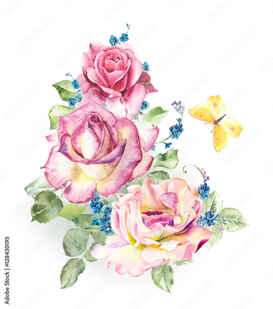 Pattern from pink rose. Wedding drawings. Watercolor painting. Greeting ...