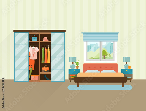 Bedroom with furniture interior. Bedroom with bed, window and wardrobe with clothes. Flat vector illustration.