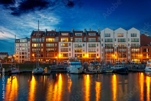 Marina at Motlawa river at night in Gdansk  Poland.