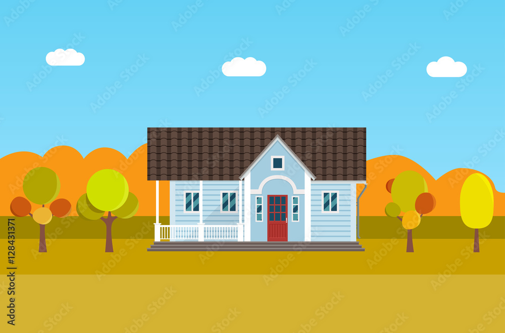 Panoramic landscapes with a house and trees. Vector flat illustration