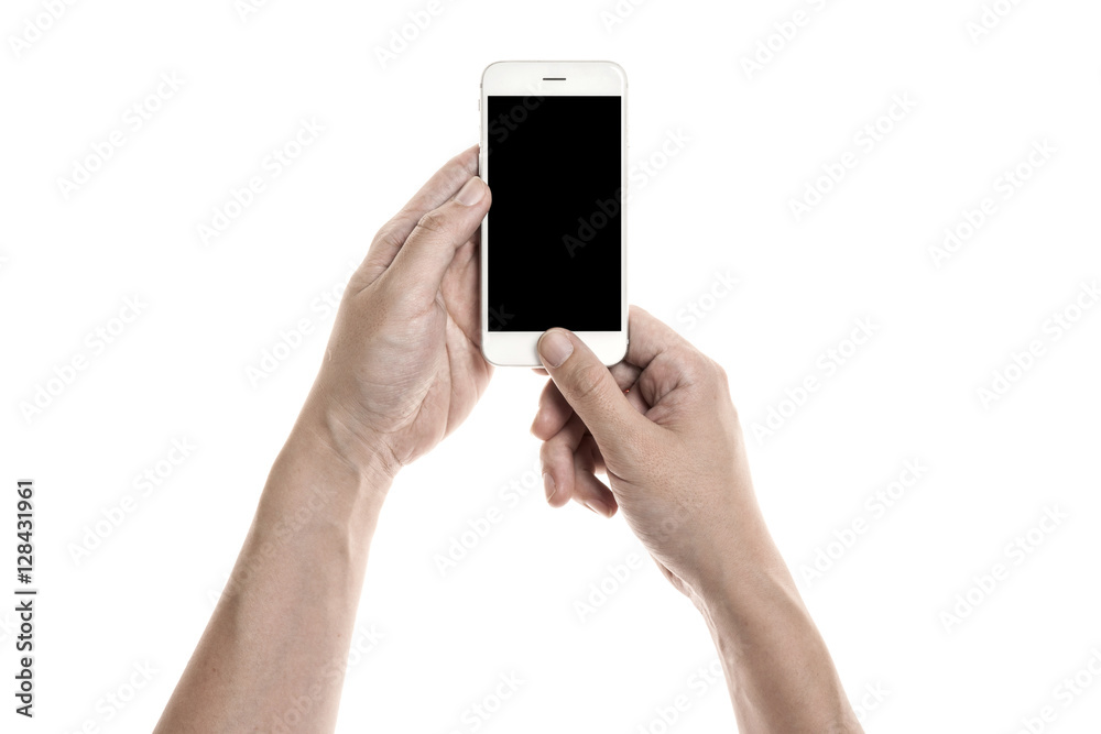 Two hands hold and touch screen(push home button), a mobile phone(pad) isolated white Two hands hold and touch screen(push home button), a mobile phone(pad) isolated white