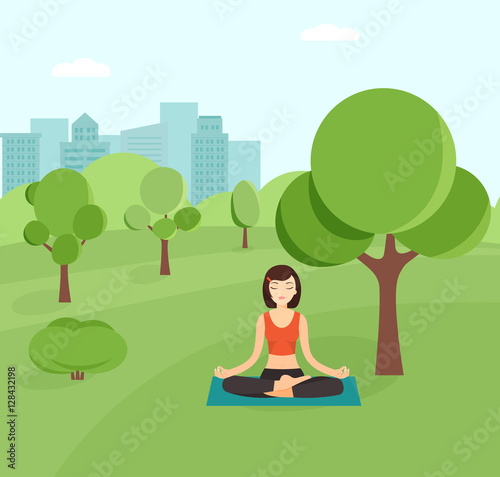 Young girl doing yoga in the park. Woman relaxing in the park in the lotus position. Vector flat illustration.