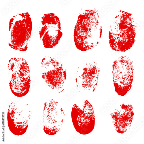Set of blood fingerprints. Vector red stains of fingers.