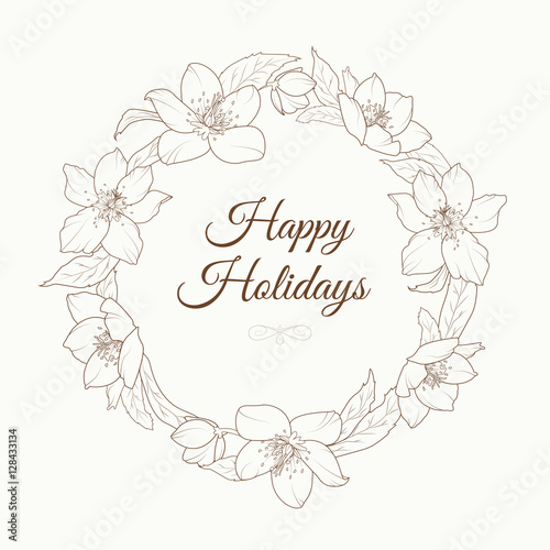 Christmas winter rose hellebore flowers wreath laurel template. Happy holidays text placeholder. Brown outline on beige background. Detailed vector design illustration.