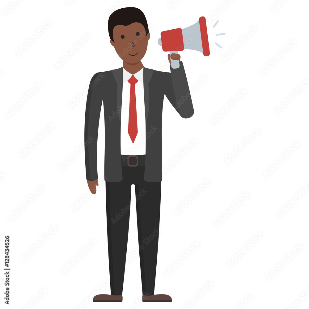 Businessman with loudspeaker standing on white background. Handsome african american speaker making announcement, promotion, advertising or more. Businessman with loudspeaker standing on white background. Handsome african american speaker making announcement, promotion, advertising or more.
