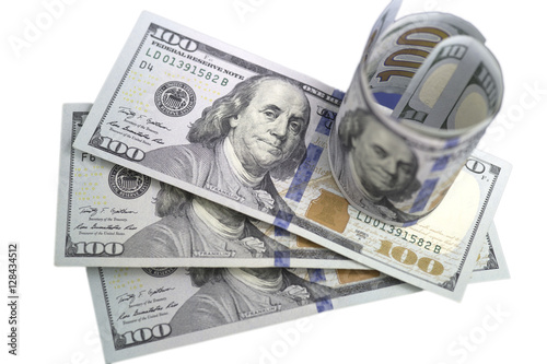 Wallpaper Mural Partly rolled hundred us dollar bill standing on three 100 hundred dollar banknotes. Isolated on white background. Torontodigital.ca