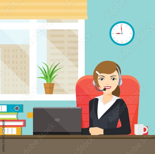 Support manager. Beautiful smiling woman with headphones. Vector flat illustration