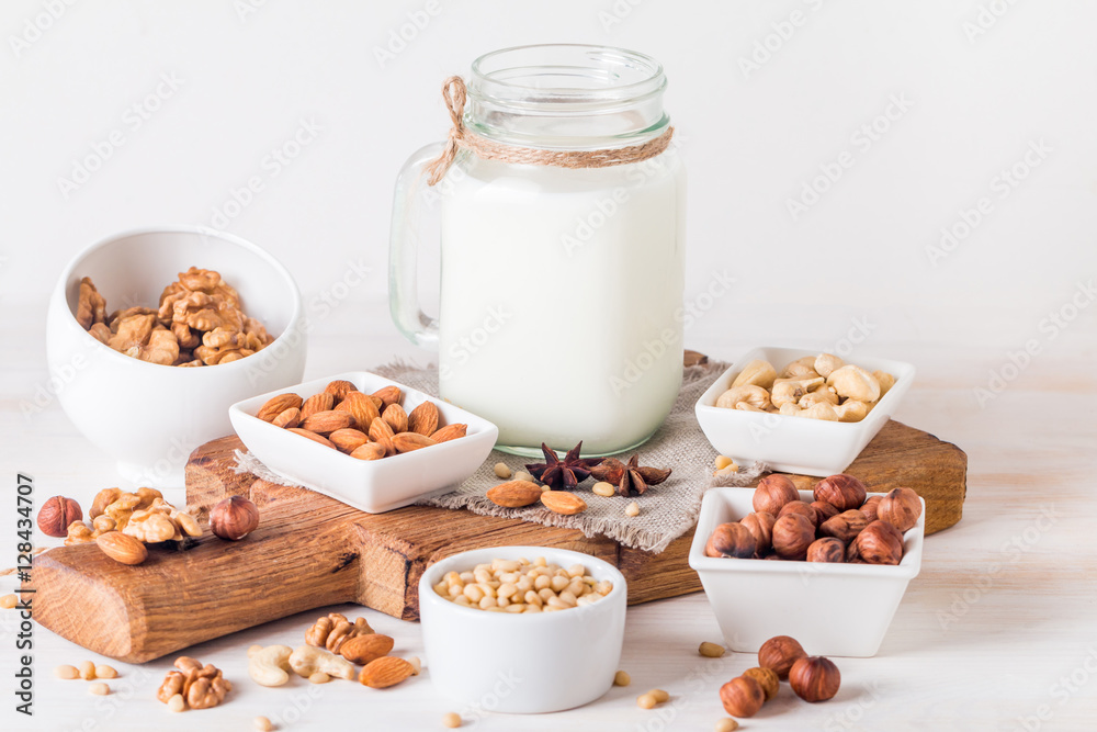 Vegan milk from nuts in glass jar Vegan milk from nuts in glass jar