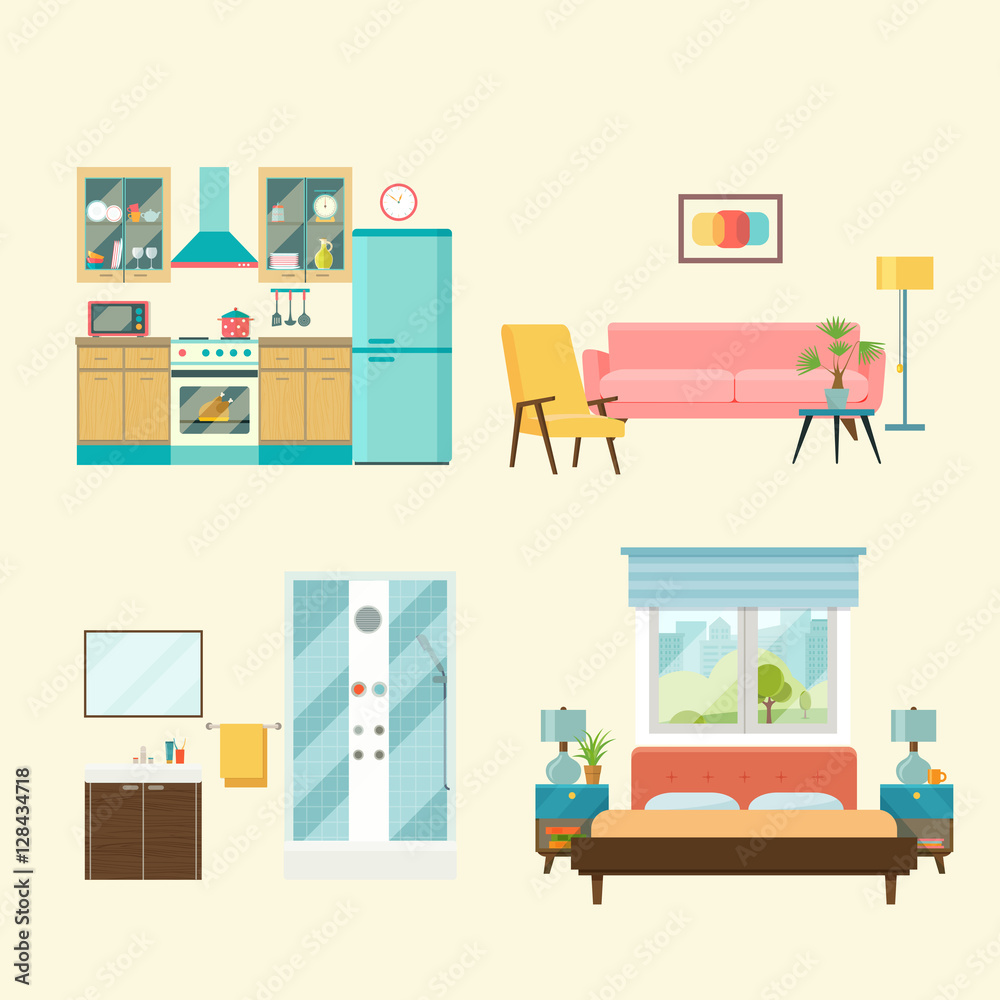 Set of interior design room . Living room, bedroom, kitchen and bathroom. Vector flat illustration