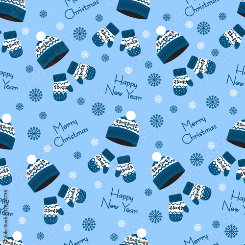 Seamless Christmas background with hats, mittens, snowflakes
