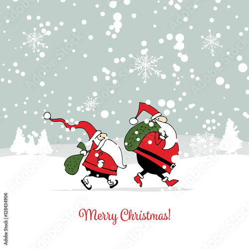 Santa brothers in winter forest. Christmas card