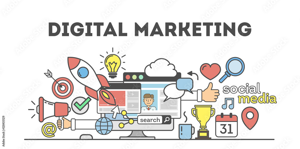 Digital marketing concept. Social network and media communication. SEO, SEM and promotion.