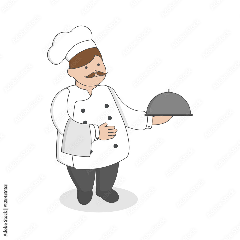 Chef with meal standing on white background. Restaurant worker.