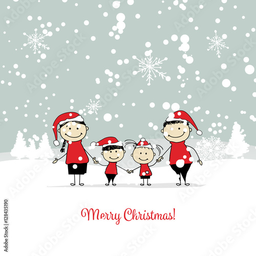 Happy family with santa hats. Christmas card