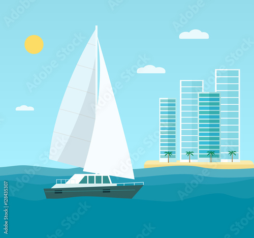 Yacht, skyscrapers, seascape. Vector flat illustration