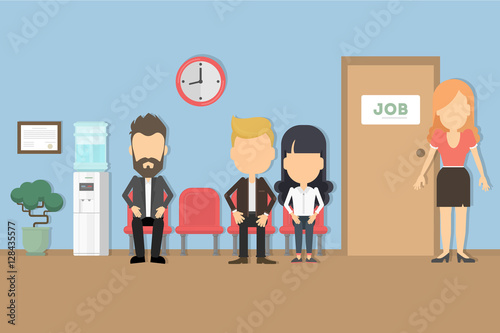 Waiting for a job. People seat in the queue waiting for job interview. Candidates.