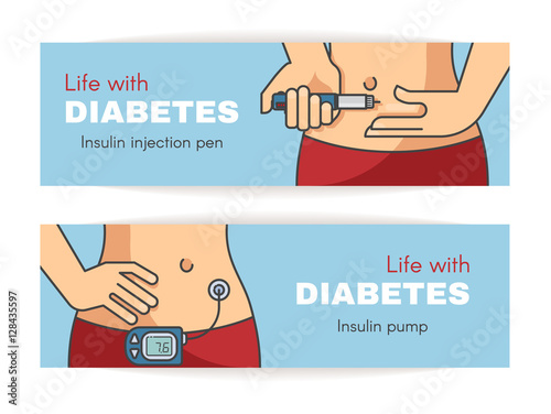 Banner about life whith diabetes. Devices for insulin introduction.