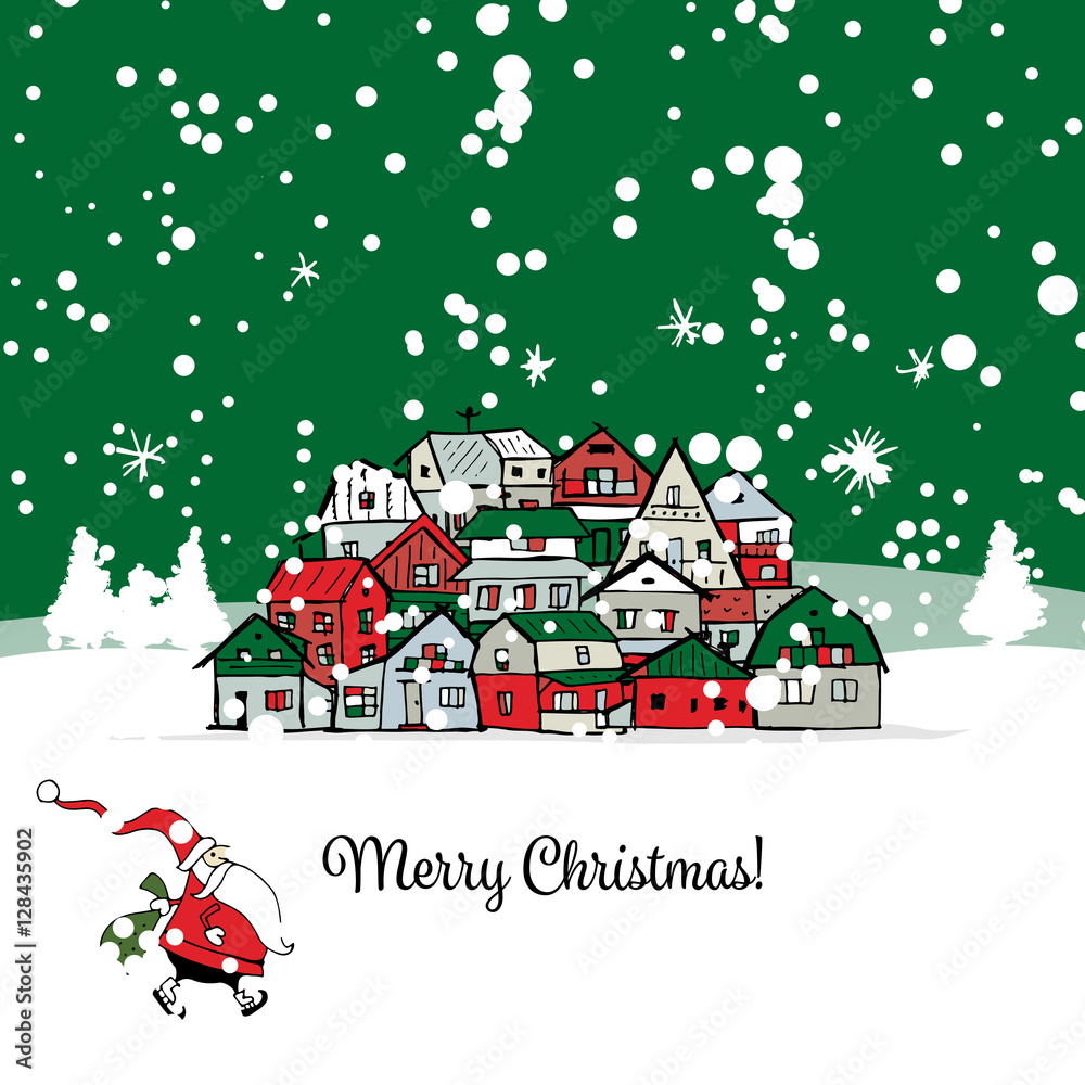 Merry christmas postcard with cityscape background
