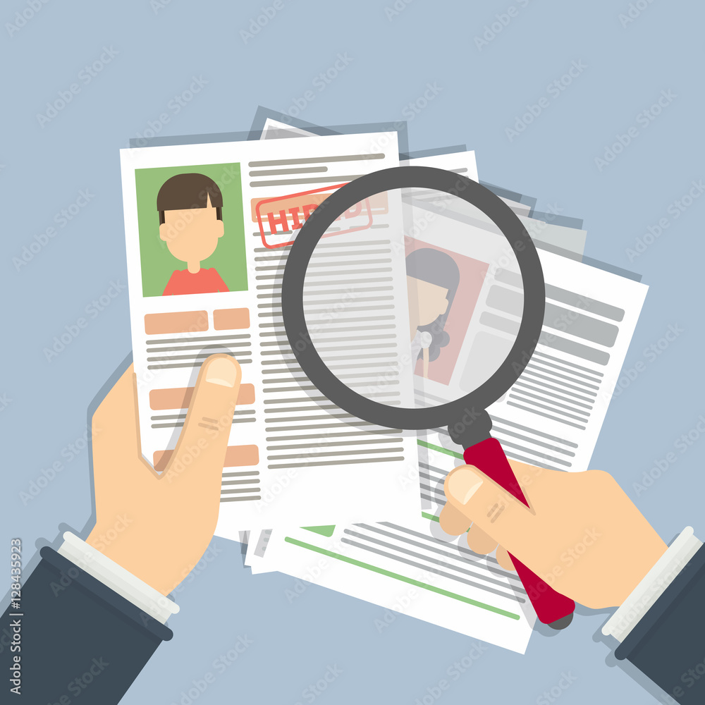 Supervising and accepting resume. Director considering cv, finding new staff. Office desktop topview. Supervising and accepting resume. Director considering cv, finding new staff. Office desktop topview.