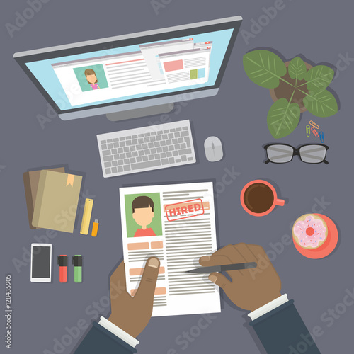 Supervising and accepting resume. Director considering cv, finding new staff. Office desktop topview.