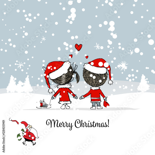 Happy couple in winter forest. Christmas card