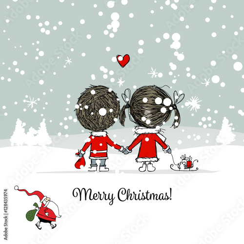 Happy couple in winter forest. Christmas card