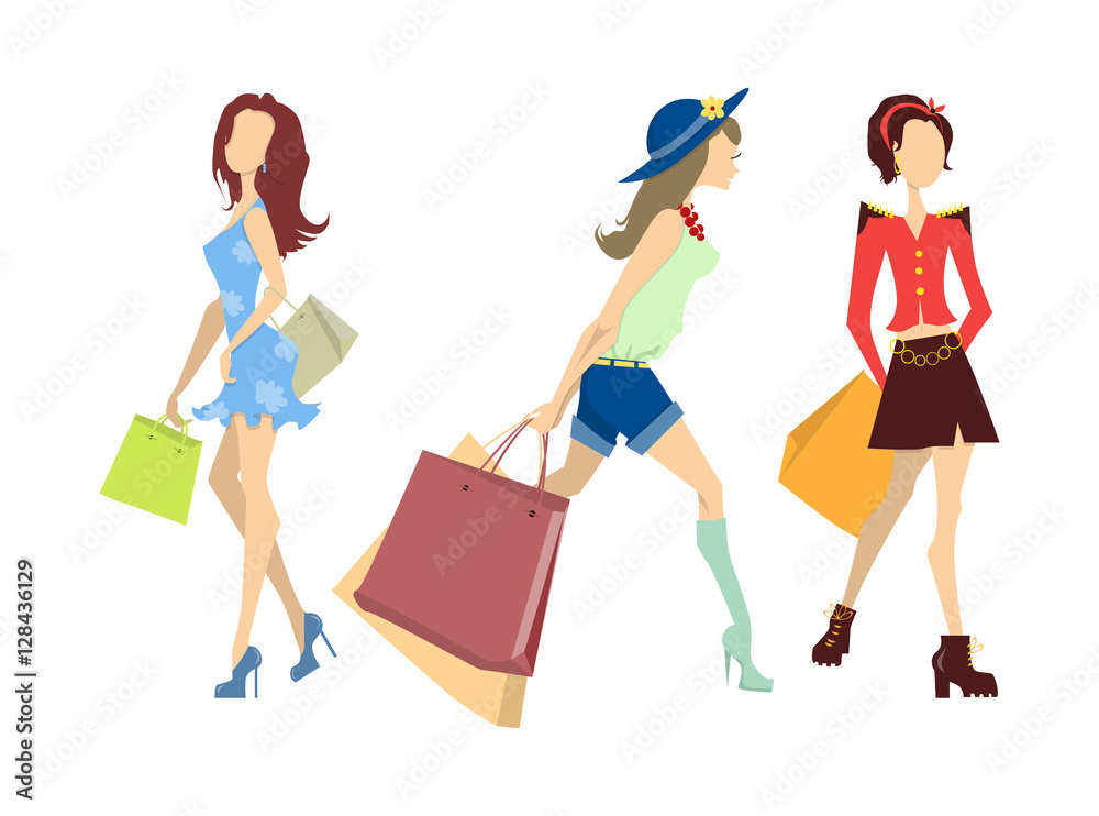 Shopping women set. Elegant, young and slim women in different outfits with colorful shopping bags on white background.