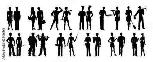 Different professions set. Isolated black silhouettes on white background. All kinds of professional activities as teacher, doctor, firefighter and more.