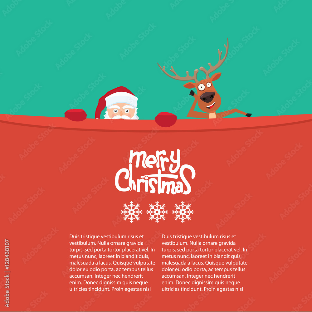 Happy Christmas reindeer and Santa cartoon characters behind a billboard