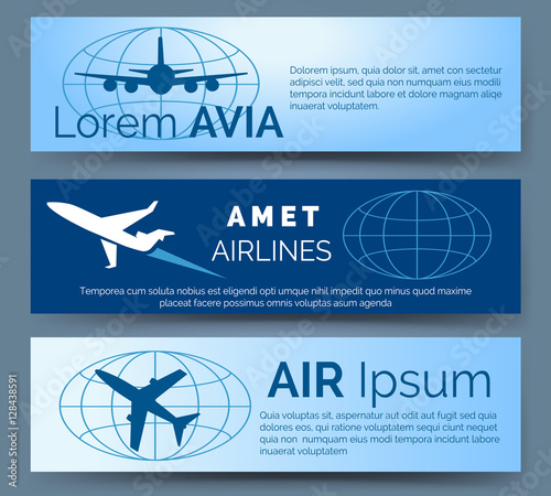 Airlines company headers set. Blue banners with aircrafts vector illustration