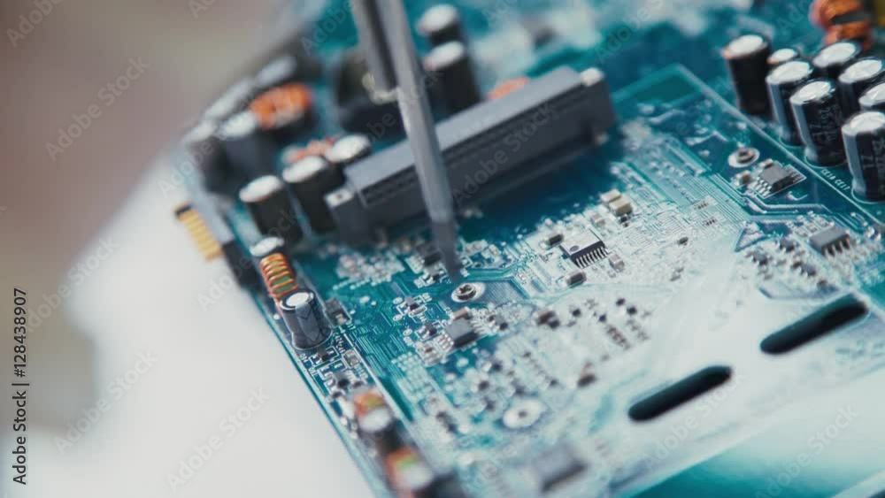 Passive Components PCB micro: resistors and capacitors. Electrical engineering. Working with the chips. Stand for chips. Storage of finished chips. High-tech manufacturing. Circuit board production.